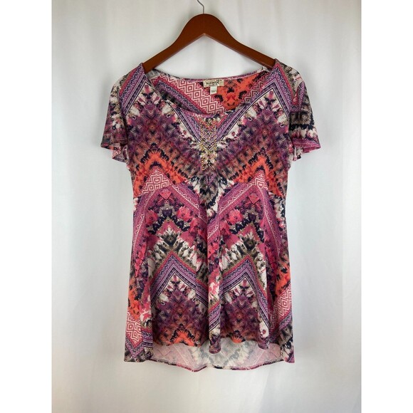 One World Boho Tunic Top Women's XL Flutter Sleeves Embellished Flowy Stretch - Picture 1 of 8